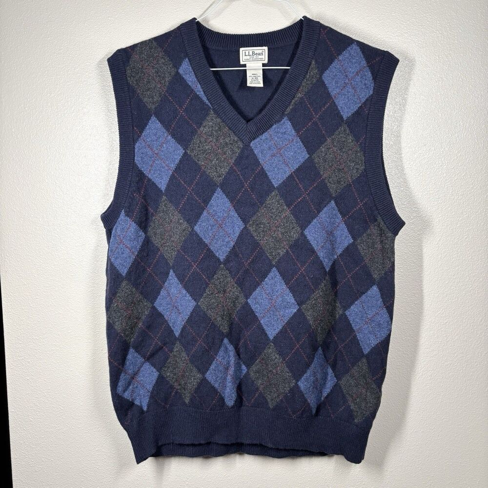 L.L Bean Sweater Vest XL V Neck Argile 100% Wool  Grunge Preppy Blue Grandpa Cor